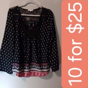 Socialite Black Long-Sleeve Boho Peasant Top with Red & White Border
